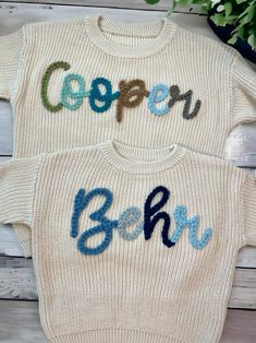 two sweaters with the words cooer and beryl written on them