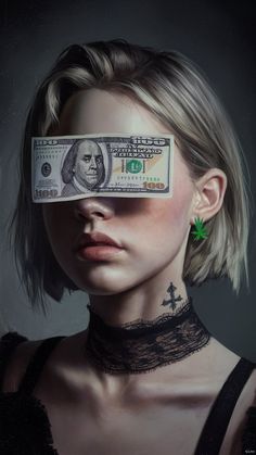 a woman with a dollar bill covering her eyes