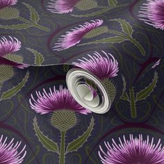 an image of thistle flowers on a dark blue background wallpaper design with purple and green colors