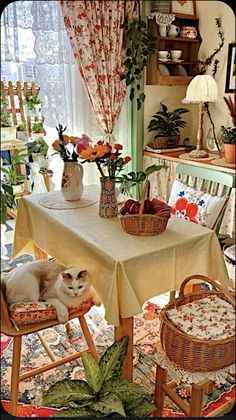 two cats are sitting on chairs in front of a table with flowers and potted plants