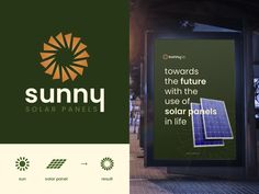 the suny solar panels sign is displayed in front of a building with an advertisement on it