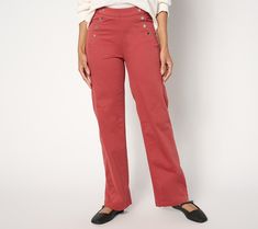 No need for zippers. Sail through a season of social commitments and work events in these polished pull-on pants with sailor-style button details. Crisp stretch twill keeps the look classic and endlessly flattering. From Susan Graver.