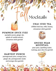 the fall cocktail menu is shown with different drinks