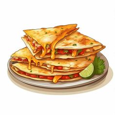 three quesadillas stacked on top of each other with lime wedges next to them