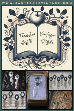 Our vintage style pin shows an open book and apple. Find the perfect Teacher Appreciation Day “thank you” at Ragtrader Vintage with our old school bookmarks. Bring a heartwarming smile to the face of those special teachers, counselors, aides or anyone else for helping your child learn and grow.  Your items will arrive ready to share in their own gift boxes. School Bookmarks, Writer Gifts, Birthday Jewelry, Gifts Vintage, Summer Gifts, Student Teacher