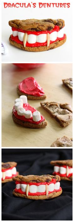 some cookies with marshmallows on them and red icing in the middle