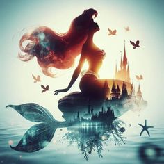 the silhouette of a mermaid sitting on top of a piece of land with a castle in the background