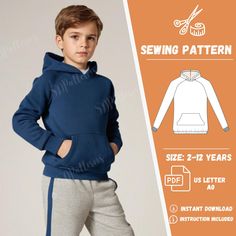 a young boy wearing a hoodie and sweatpants with the sewing pattern on it