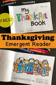 the thanksgiving emerger reader is shown with pencils and crayons