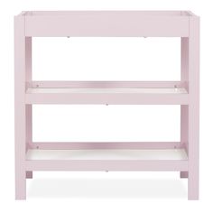 a pink wooden shelf with two shelves on each side