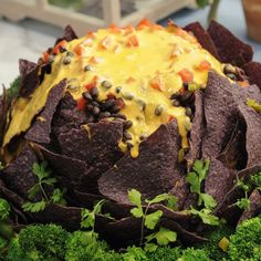 an arrangement of tortilla chips and vegetables on a plate with cheese dip in the middle