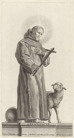 an old drawing of a man standing next to a sheep and holding a cross in his hand