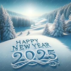 a snowy landscape with trees and the words happy new year 2055 written on it