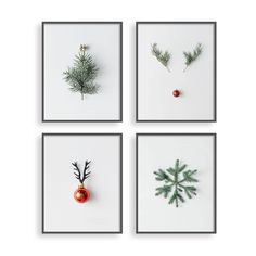 four framed photographs of christmas decorations on white paper with red bauble ornament