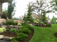 a garden with rocks, grass and trees