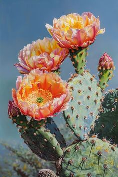 three cactus flowers blooming in the desert