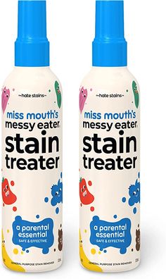 two bottles of stain treater sitting next to each other in front of a white background