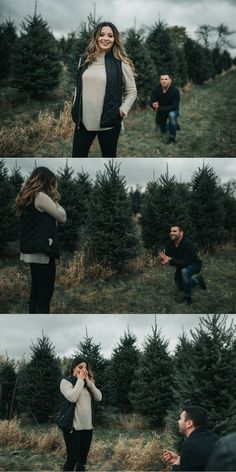 two people are standing in front of some christmas trees and one is talking on the phone