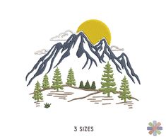 the three sizes of trees and mountains are shown in this embroidery pattern, which is very easy to sew