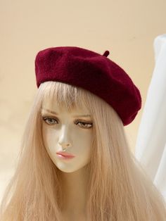 Burgundy Casual Collar  Fabric Plain Beret Embellished   Women Accessories Cute Beret, Red Berets, Beret Fashion, Burgundy Hat, Red Beret, Beret Style, Fashion Shoes Heels, Wool Sweaters Womens, Hat Beret