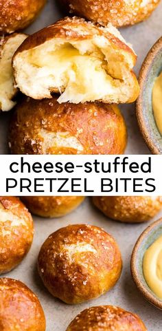 cheese - stuffed pretzel bites with dipping sauce in the middle and on top