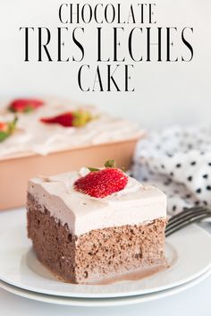 a piece of chocolate tress leches cake on a plate