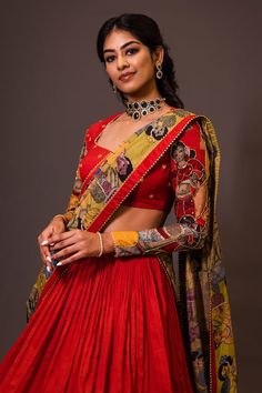 Buy Red Chennur Silk Hand Painted Kalamkari Ajantha Geometric Gathered Lehenga Set For Women by aindhri by mahitha Online at Aza Fashions.