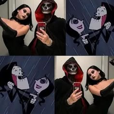 a woman dressed in black holding up a cell phone and wearing a skeleton costume with red hoodie