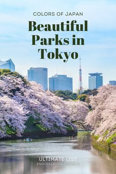 the beautiful park in tokyo, japan with cherry blossom trees and skyscrapers behind it