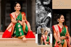 a woman in a green and red sari sitting on a ledge next to a building