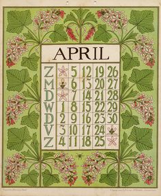 an old calendar with flowers and leaves on the front, as well as numbers for each month