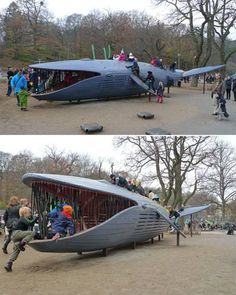 two pictures of people playing in an airplane shaped playground