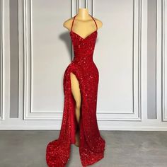 Just found this amazing item on AliExpress. Check it out! $187.00 | Real Sample Sexy High Slit Halter Sleeveless Sparkly Red Sequined Black Girls Long Prom Dresses 2023 Gorgeous Prom Dresses, Dress Idea, Prom Ideas, Prom Dress Inspiration, Cute Prom Dresses