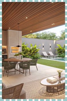 an outdoor dining area with chairs and tables next to a swimming pool in the background