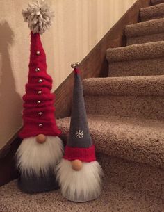 two gnome hats sitting on top of some stairs