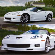 two pictures of the same white sports car