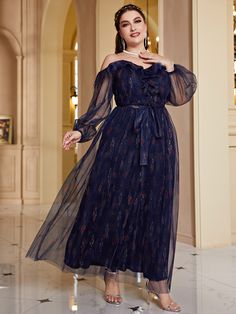 Navy Blue Glamorous  Long Sleeve Polyester Plain A Line Embellished Non-Stretch All Plus Size Dresses Alan Walker, Lantern Sleeves, Ruffle Trim, Lanterns, Formal Dresses Long, Prom