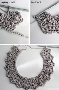 four pictures showing how to crochet the collar for an elegant statement necklace or bracelet