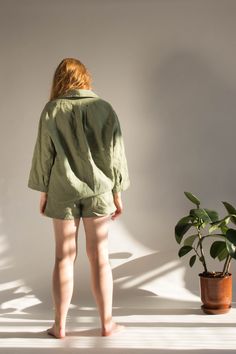 "Welcome to Pavietra! This LINEN PAJAMA SET made up of an oversized shirt with pocket detail, which is decorated with handmade stitches, and loose-fitting shorts with an elastic waist and coconut button detail. It can be worn at home and out. PAJAMAS DETAILS ⚬ Oversized fit ⚬ Made of washed organic Oeko-Tex certified linen grown in Belarus. ⚬ Linen is NOT see-through. ⚬ The fabric is prewashed to guarantee no shrinkage. ⚬ Shown here in Laurel Green. If you would like to add or subtract 10cm from Linen Pajama Set, Oversized Linen Shirt, Womens Loungewear Sets, Womens Pajama Shorts, Linen Pajamas, White Linen Dresses, Pretty Legs, Linen Clothing, Boho Shirts