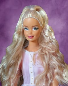 a barbie doll with long blonde hair and blue eyes wearing a white dress in front of a purple background