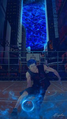 an animated image of a man playing basketball in front of a cityscape with blue lights