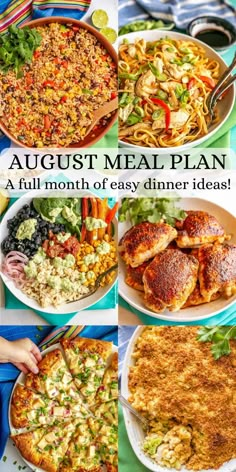 a collage of different meals with the words august meal plan