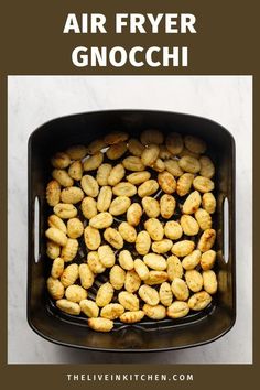 air fryer gnocchi in a pan with text overlay