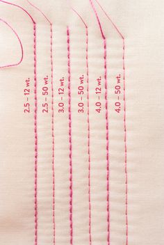 a close up of a piece of cloth with stitching on it and numbers written in pink thread