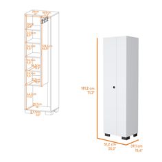 a tall white cabinet next to a drawing of the measurements for it's doors