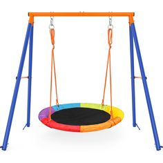 a colorful children's swing set on a white background with no one in it