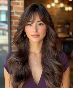 Trendy Side-Swept Bangs with Dark Fall Hair Colors Asian 🍁 Elegant Hair With Bangs, Honey Dark Brown Hair, Asian With Brown Hair, Asian Side Bangs, Dark Autumn Hair, Side Part With Bangs, Bang Inspiration, Side Swept Bangs Long Hair, Hair Colors Asian