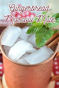 a copper mug filled with ice, cinnamon and mint garnished with green leaves