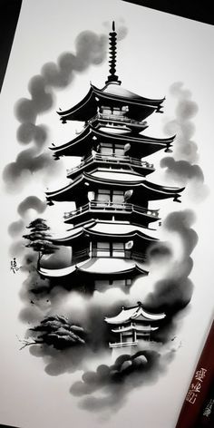 a black and white drawing of a pagoda with clouds in the sky behind it on paper