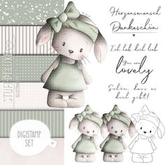 the digital stamp set includes an adorable bunny and her two babies, both in green